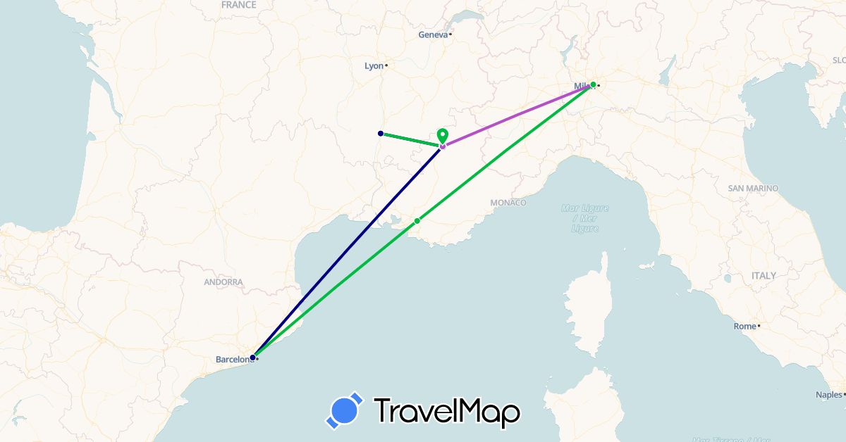 TravelMap itinerary: driving, bus, train in Spain, France, Italy (Europe)